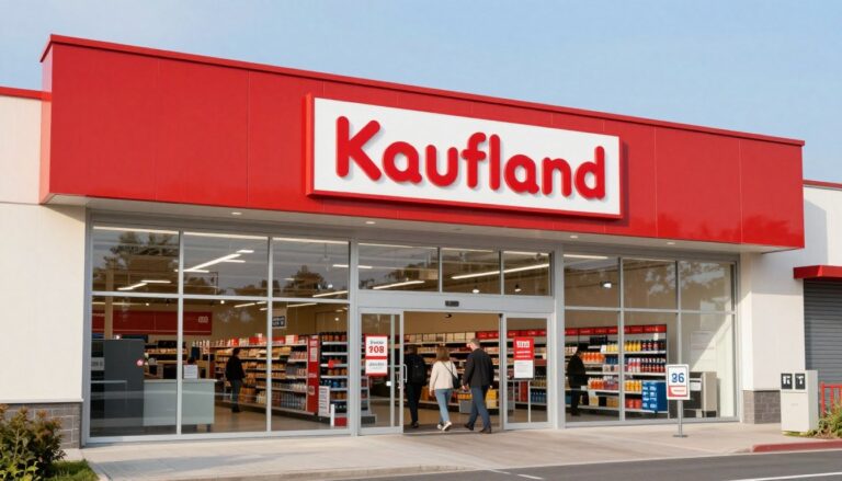 Kaufland store exterior with opening hours sign