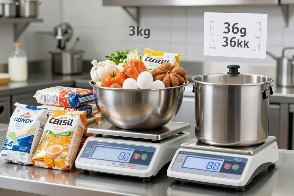 duże ilości produktów na wadze pokazujące przelicznik kilogramów