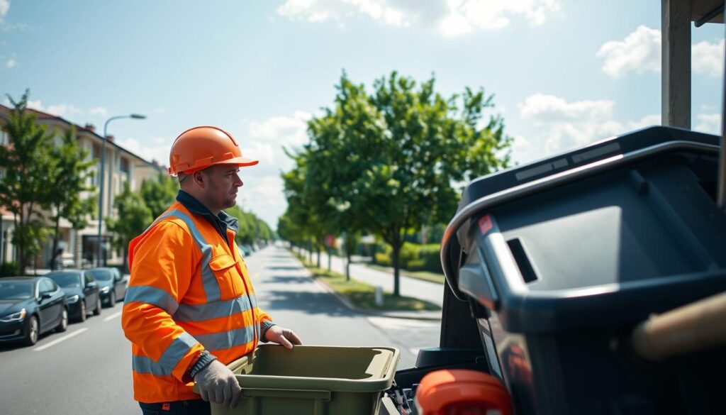 A Polish waste collector in action, dressed in a bright orange uniform and safety gear, is seen in the foreground, actively loading bins into a truck. He is focused and diligent, showcasing the hard work of urban sanitation. In the middle ground, a well-maintained city street can be observed, with neatly parked cars and green trees lining the road. The background features a clear blue sky with light clouds, indicating a sunny day. The lighting is bright and natural, reflecting the optimism of urban service workers. The overall atmosphere conveys a sense of respect and pride in essential municipal services, inviting viewers to appreciate the often-overlooked contributions of waste collectors to city life.