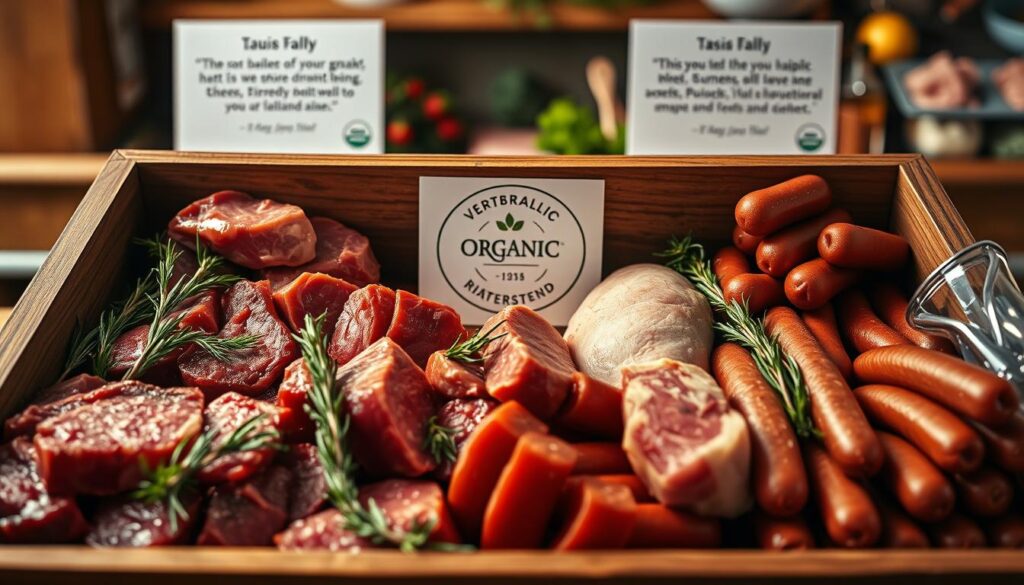 A beautifully arranged display of fresh, organic meat products in a stylish wooden box, showcasing various cuts of meat like steak, chicken, and sausages. The foreground features a neatly packed selection of the meat, garnished with herbs like rosemary and thyme, enhancing the organic feel. In the middle, an elegantly designed label with eco-friendly symbols subtly hints at sustainability, while a few testimonials from satisfied customers are lightly blurred in the background, creating a sense of authenticity. The lighting is warm and inviting, reminiscent of a cozy butcher shop, with soft shadows that highlight the textures of the meat. The camera angle is slightly above, capturing the entire scene with a shallow depth of field, providing a professional and appetizing look, conveying the theme of quality and ecological responsibility.