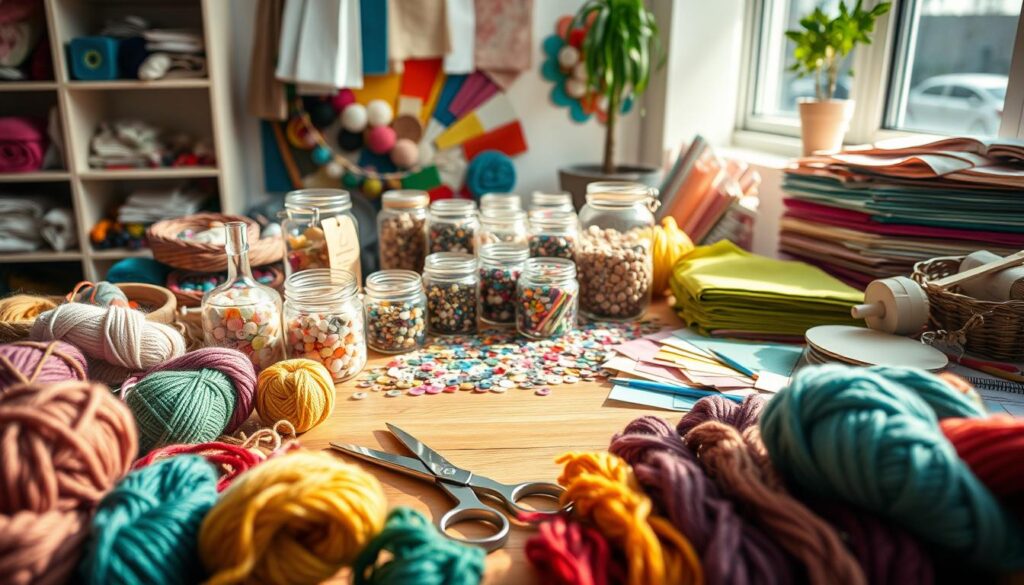 A beautifully arranged workspace showcasing various craft supplies for DIY projects. In the foreground, an assortment of colorful yarns and skeins, neatly organized, with a pair of scissors resting beside them. In the middle, a wooden table adorned with jars filled with buttons, beads, and sequins, surrounded by a palette of vibrant fabric swatches and paper materials. In the background, soft natural light streams in through a window, illuminating the scene and casting gentle shadows, creating a warm and inviting atmosphere. The entire composition conveys a sense of creativity and inspiration, perfect for showcasing the materials and techniques of crafting.