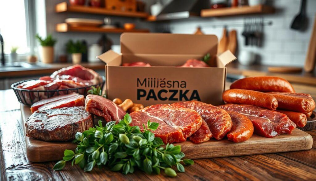 A close-up view of a beautifully arranged selection of fresh meats, including steaks, sausages, and marinated cuts, displayed on a rustic wooden table. In the foreground, a few vibrant herbs and spices are scattered around, adding color and texture. In the middle, a sleek, modern delivery box labeled "Mięsna Paczka" is partially open, revealing more meat items inside. The background features a blurred kitchen setting with soft, warm lighting, evoking a cozy, inviting atmosphere. The scene captures the essence of quality and customer satisfaction, reflecting the freshness of the products and the positive feedback from clients. The composition should be bright and appealing, showcasing the craftsmanship of the meat selection.