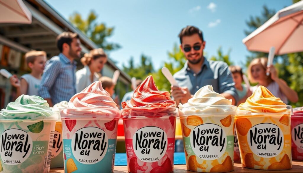 A colorful assortment of "Nowe lody ekipy" ice cream flavors displayed in stylish, modern packaging, prominently featuring the Koral brand logo. In the foreground, focus on vibrant ice cream tubs, showcasing unique textures and colors like mint green, strawberry pink, and caramel brown. In the middle ground, a well-groomed ice cream vendor, dressed in casual yet professional attire, is serving delighted children and families, creating an inviting atmosphere. The background features a cheerful outdoor setting, with families enjoying ice cream under a bright blue sky, surrounded by lush greenery. Use warm, natural lighting to evoke a sunny day, and a slightly tilted aerial view to capture the lively interaction and dynamic presentation of the ice cream products. A colorful assortment of "Nowe lody ekipy" ice cream flavors displayed in stylish, modern packaging, prominently featuring the Koral brand logo. In the foreground, focus on vibrant ice cream tubs, showcasing unique textures and colors like mint green, strawberry pink, and caramel brown. In the middle ground, a well-groomed ice cream vendor, dressed in casual yet professional attire, is serving delighted children and families, creating an inviting atmosphere. The background features a cheerful outdoor setting, with families enjoying ice cream under a bright blue sky, surrounded by lush greenery. Use warm, natural lighting to evoke a sunny day, and a slightly tilted aerial view to capture the lively interaction and dynamic presentation of the ice cream products.