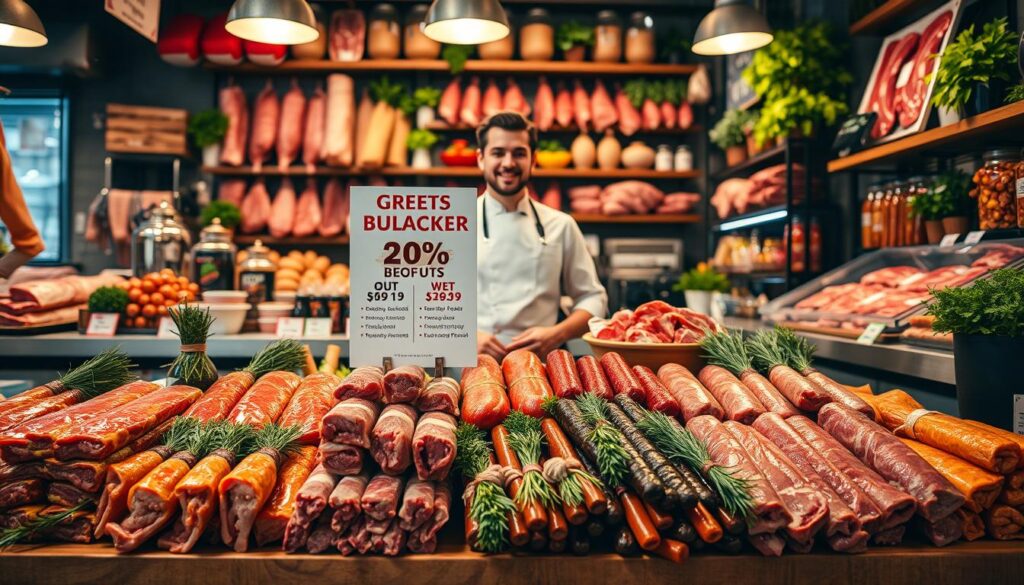 A colorful display of fresh meat bundles and promotional offers at a butcher shop. In the foreground, an assortment of neatly packaged meat products, including steaks, sausages, and marinated cuts, attractively arranged on a wooden counter. The middle ground features a friendly butcher in a clean white apron, showcasing a sign with enticing discount options and promotional details. In the background, shelves filled with more meat products and fresh herbs add depth, while the shop is well-lit with warm, inviting lighting. The atmosphere is bustling yet cozy, evoking a sense of community and freshness. Capture this scene from a slightly angled view to highlight the vibrant colors and textures of the meat and the welcoming ambiance of the butcher shop.