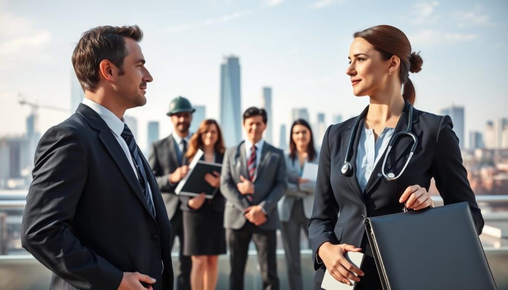 A compelling visual comparison of lawyer salaries versus other professions. In the foreground, a professional male and female lawyer in business attire, engaged in a discussion while holding briefcases. In the middle ground, a diverse group of professionals—an engineer, a teacher, and a healthcare worker—each displaying their skills through relevant tools like a ruler, a chalkboard, and a stethoscope. The background features a modern cityscape symbolizing various industries. Use natural lighting to create a bright and professional atmosphere, shot from a slightly elevated angle to encompass both groups. The mood should be informative yet engaging, emphasizing the significance of financial comparisons in the workplace.
