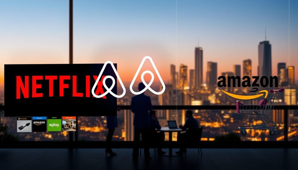A conceptual illustration depicting three distinct business models represented by iconic symbols of Netflix, Airbnb, and Amazon. In the foreground, a vibrant digital collage: the Netflix logo symbolizing streaming services, an Airbnb house icon representing hospitality, and an Amazon shopping cart for e-commerce. The middle ground features a business setting with individuals in professional attire engaged in discussions about innovation, surrounded by charts and graphs. The background includes a skyline of a modern cityscape, representing global reach and connectivity. Soft, ambient lighting creates a professional yet inviting atmosphere, while a slight angle gives depth, emphasizing the dynamic nature of these successful business models. No text or branding overlays are present.