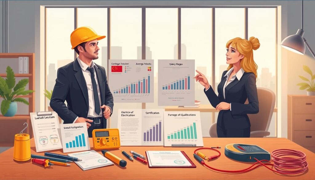 A detailed illustration showcasing various factors affecting an electrician's salary in Poland. In the foreground, depict a male and female electrician in professional business attire, discussing salary charts and electrical tools on a desk. In the middle ground, include visual elements like graphs showing average wages, certificates of qualifications, and tools such as a multimeter and wiring. The background should feature an office setting with a large window allowing natural light to flood in, creating a bright and inviting atmosphere. The scene should feel professional and informative, with a warm color palette to evoke a sense of opportunity and growth in the electrical field. The lighting should be soft yet illuminating, emphasizing the clarity of the data presented.