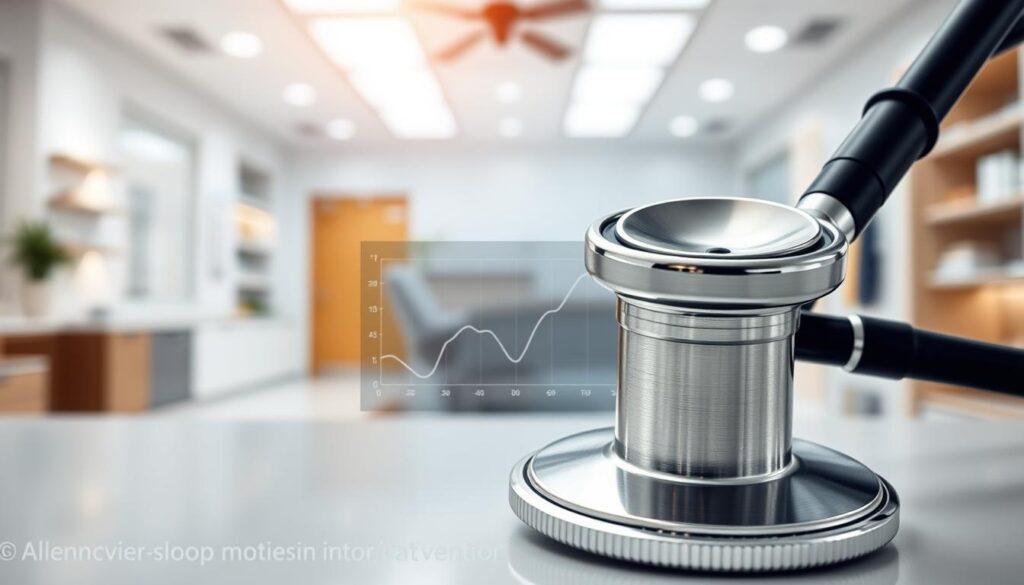 A detailed image of a high-quality medical stethoscope, focusing on its technical specifications and design features. In the foreground, display the stethoscope with a clear view of its dual bell and diaphragm, showcasing materials such as stainless steel and soft silicone. The middle ground should include a softly blurred chart or diagram highlighting its technical features, like acoustic sensitivity and frequency response. In the background, a clean and modern medical environment, such as a clinic or doctor's office, subtly illuminated with bright, natural lighting. The atmosphere should be professional and informative, emphasizing innovation and quality in medical equipment. Capture the image from a slight above angle for an enhanced perspective. No text or overlays included.