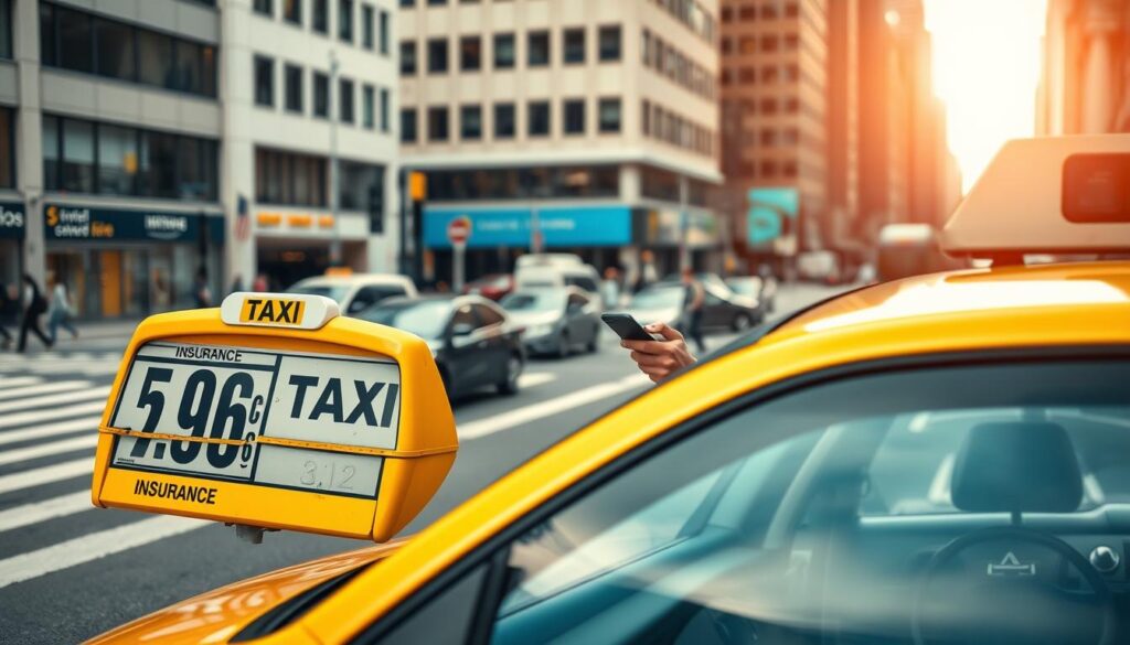 A detailed urban scene depicting the operating costs of a taxi driver, with a focus on fuel and insurance. In the foreground, a taxi parked at a bustling city street, showcasing a fuel price board prominently displayed. The middle layer features a well-dressed taxi driver checking his phone for ride requests, dressed in a smart casual attire. The background includes a modern cityscape with buildings, traffic, and pedestrians, emphasizing the urban setting. Soft, natural lighting captures the midday sun, creating a warm, inviting atmosphere. The angle should be slightly elevated, providing a clear view of the taxi and the city while adding depth to the composition. The overall mood is professional and informative, reflecting the hustle of city life and the realities of taxi business costs.