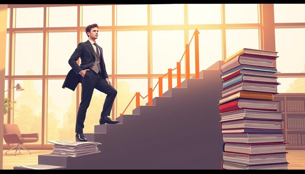 A dynamic and engaging illustration depicting the career progression of a lawyer and the increase in their earnings. The foreground features a professional lawyer, dressed in a sharp business suit, confidently ascending a staircase made of financial documents and law books, symbolizing growth and success. In the middle ground, graphs and charts subtly emerge from the steps, representing wage trends and career milestones. The background displays a modern law office with large windows, letting in warm, golden light that creates a hopeful ambiance. The scene is captured from a slight low angle, giving an impression of upward momentum, evoking a sense of ambition and achievement in the legal profession. The mood is positive, inspiring, and professional.