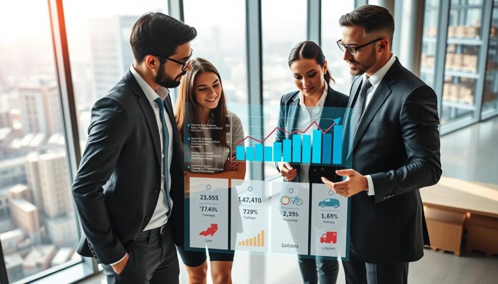 A dynamic and informative representation of career paths in logistics, featuring professionals in business attire discussing various career options. In the foreground, a diverse group of three individuals—two men and one woman—analyzing a digital chart showing logistics salary trends. The middle layer includes visual elements like arrows and icons representing different logistics careers, such as supply chain management, transportation, and inventory control. In the background, a modern office setting with large windows revealing a bustling urban landscape, illuminated by natural light. The atmosphere is professional and optimistic, emphasizing growth and opportunity within the logistics field. Use a wide-angle lens for a comprehensive view, ensuring clear focus on the characters and their engaging discussion. A dynamic and informative representation of career paths in logistics, featuring professionals in business attire discussing various career options. In the foreground, a diverse group of three individuals—two men and one woman—analyzing a digital chart showing logistics salary trends. The middle layer includes visual elements like arrows and icons representing different logistics careers, such as supply chain management, transportation, and inventory control. In the background, a modern office setting with large windows revealing a bustling urban landscape, illuminated by natural light. The atmosphere is professional and optimistic, emphasizing growth and opportunity within the logistics field. Use a wide-angle lens for a comprehensive view, ensuring clear focus on the characters and their engaging discussion.