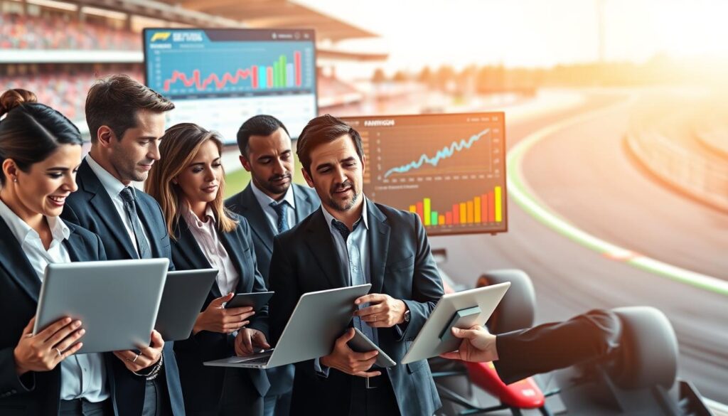 A dynamic and visually striking composition illustrating the financial landscape of Formula 1 drivers influenced by social media. In the foreground, portray a diverse group of professional businesspeople, dressed in elegant suits, engaged in animated discussion while analyzing social media data on sleek laptops and tablets. In the middle ground, display a large digital screen featuring colorful graphs and statistics of F1 driver earnings, surrounded by engaging social media icons. The background should include a vibrant Formula 1 racetrack, subtly blurred, to emphasize the connection to the sport. Utilize bright lighting to create an energetic atmosphere, suggesting innovation and engagement, shot from a slightly elevated angle to capture the scene's depth and activity.