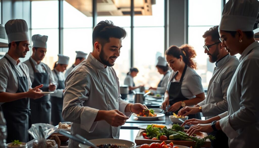 A dynamic scene capturing the essence of career growth in the culinary field. In the foreground, a diverse group of chefs is engaged in various cooking activities, showcasing different skill levels. One chef, in professional attire, is plating a gourmet dish, while another, wearing casual attire, is preparing ingredients. The middle layer highlights a bustling kitchen environment with modern appliances and fresh ingredients, emphasizing teamwork and dedication. In the background, a large window illuminates the scene with bright, natural light, revealing a vibrant cityscape outside. The atmosphere is optimistic and energetic, symbolizing the potential for career advancement in gastronomy. The image should feature warm tones to evoke a sense of passion and commitment. A dynamic scene capturing the essence of career growth in the culinary field. In the foreground, a diverse group of chefs is engaged in various cooking activities, showcasing different skill levels. One chef, in professional attire, is plating a gourmet dish, while another, wearing casual attire, is preparing ingredients. The middle layer highlights a bustling kitchen environment with modern appliances and fresh ingredients, emphasizing teamwork and dedication. In the background, a large window illuminates the scene with bright, natural light, revealing a vibrant cityscape outside. The atmosphere is optimistic and energetic, symbolizing the potential for career advancement in gastronomy. The image should feature warm tones to evoke a sense of passion and commitment.