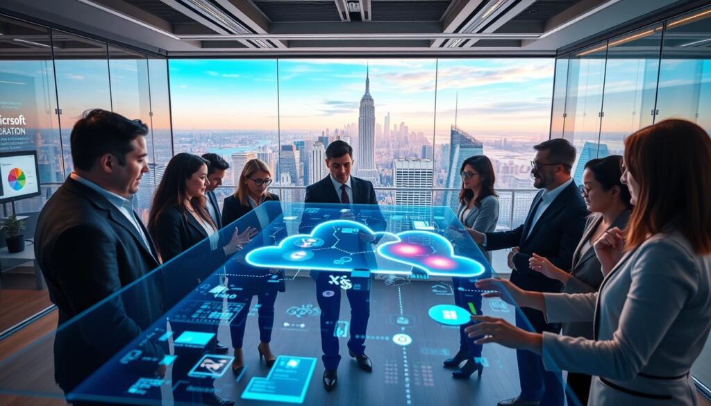 A dynamic scene showcasing Microsoft’s technological innovations, set in a modern office environment. In the foreground, a diverse group of professionals in smart business attire is interacting with advanced devices, like holographic displays and touchscreen interfaces. In the middle, sleek, cutting-edge technology such as cloud computing visuals and AI algorithms is illustrated in vibrant colors, reflecting innovation. The background features a panoramic view of a futuristic city skyline, symbolizing global impact, bathed in soft, ambient lighting to evoke a sense of progress and optimism. The mood is energetic and collaborative, capturing the spirit of innovation. The image is taken from a slightly elevated angle to encompass the entire scene while emphasizing the technology's integration into everyday work life.