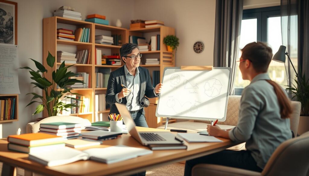 A focused scene of a professional teacher conducting private tutoring sessions in a cozy, well-lit study room. In the foreground, a teacher in smart casual attire is explaining a concept to a student using a whiteboard and colorful markers. The middle ground features a comfortable desk cluttered with books, notebooks, and a laptop, with soft natural light streaming through a nearby window, creating an inviting atmosphere. In the background, shelves filled with educational materials and a cheerful potted plant enhance the scholarly ambiance. The overall mood is warm and encouraging, illustrating the idea of additional income opportunities for teachers through tutoring, captured with a slightly blurred background for emphasis on the subjects. Soft focus and natural light for a serene feel. A focused scene of a professional teacher conducting private tutoring sessions in a cozy, well-lit study room. In the foreground, a teacher in smart casual attire is explaining a concept to a student using a whiteboard and colorful markers. The middle ground features a comfortable desk cluttered with books, notebooks, and a laptop, with soft natural light streaming through a nearby window, creating an inviting atmosphere. In the background, shelves filled with educational materials and a cheerful potted plant enhance the scholarly ambiance. The overall mood is warm and encouraging, illustrating the idea of additional income opportunities for teachers through tutoring, captured with a slightly blurred background for emphasis on the subjects. Soft focus and natural light for a serene feel.