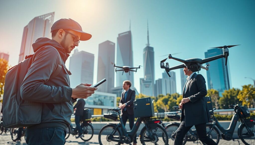 A futuristic urban delivery scene in Poland, showcasing a diverse group of couriers in professional attire. In the foreground, a courier with a smart delivery backpack is interacting with a digital device displaying delivery metrics. The middle ground features several electric delivery bikes and drones ready for transport, highlighting advanced technology in logistics. The background shows a modern cityscape with skyscrapers and green spaces, under a clear blue sky illuminated by warm sunlight, creating an optimistic atmosphere. The camera angle is dynamic, slightly from below, emphasizing the height of the city and innovative delivery vehicles. The mood is forward-looking, reflecting the evolving trends and earnings potential for couriers in 2026.