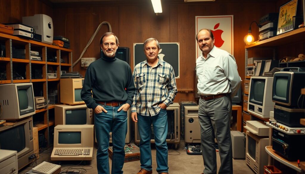 A historical scene depicting the founders of Apple, Steve Jobs, Steve Wozniak, and Ronald Wayne, standing together in a vintage garage setting that reflects the 1970s. In the foreground, Jobs is wearing a black turtleneck and blue jeans, Wozniak in a light plaid shirt and glasses, while Wayne is in a simple white shirt and slacks. In the middle ground, classic Apple computers, circuit boards, and tools are scattered around, showcasing their innovative spirit. The background features wooden shelves filled with electronics and a vintage poster of the first Apple logo. The lighting is warm and nostalgic, simulating the soft glow of incandescent bulbs. The atmosphere is one of collaboration and creativity, capturing the essence of their groundbreaking work in technology.