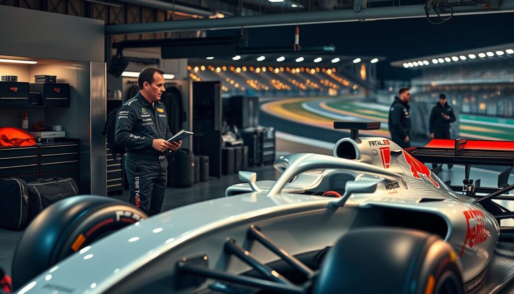 A luxurious Formula 1 driver's lifestyle scene, centered around a professional racing driver in a polished pit stop. The driver, dressed in a stylish yet comfortable crew uniform, is discussing expenses with a team manager, showcasing various lifestyle elements. In the foreground, a modern Formula 1 car gleams under bright lighting, while high-end travel bags and sponsor products are subtly scattered around. The middle ground features a sleek team garage, with tools and gear neatly organized. In the background, an illuminated racetrack can be seen, emphasizing the excitement of the sport. Soft, focused lighting creates a warm and engaging atmosphere, simulating a busy race day. Capture this moment from a slightly elevated angle to convey the dynamic environment, keeping the overall mood professional and aspirational.