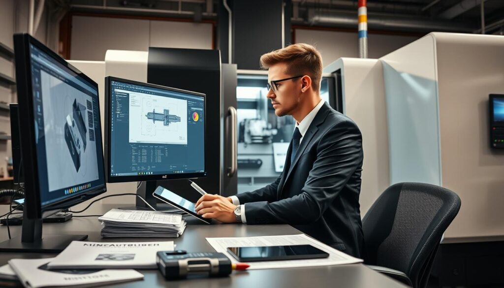 A modern CNC programming workspace in Poland, showing a professional programmer focused on a computer screen displaying CNC software. The foreground features a neatly organized desk with technical manuals, a precision measuring tool, and a digital tablet. In the middle, the programmer, a young man in professional business attire, interacts with the software, with a look of concentration on his face. The background showcases a high-tech CNC machine, illuminated by soft, diffused lighting that highlights its sleek metal surfaces. The overall atmosphere is one of innovation and technical expertise, emphasizing the role of CNC programmers in manufacturing. The image is captured from a slightly elevated angle to provide depth and clarity.