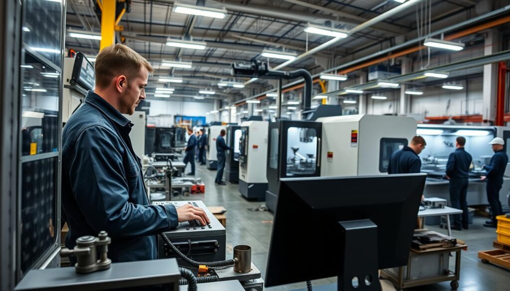 A modern CNC workshop bustling with activity, showcasing various sectors within the Polish manufacturing industry. In the foreground, a skilled CNC operator, dressed in professional work attire, is focused on programming a machine, surrounded by precision tools and machinery. The middle ground features several advanced CNC machines actively working on metal components, with bright LED lighting illuminating the workspace. The background offers a view of a factory floor, with other employees engaged in different manufacturing processes. The atmosphere is industrious and efficient, capturing the essence of modern industry in Poland. Use a wide-angle lens effect to emphasize the depth of the workspace, with crisp details and a clean, well-organized environment.