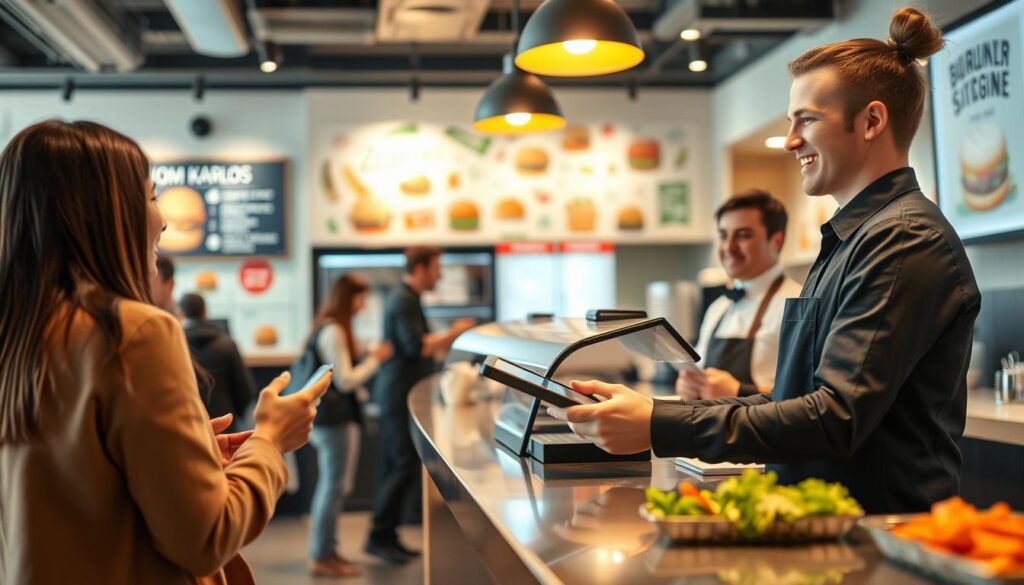 A modern burger bar named "Zuom Karlos" in Poznań, focusing on communication and order fulfillment. In the foreground, a cheerful staff member in professional attire is taking an order using a tablet, displaying friendly interaction with a customer. The middle ground features a sleek, contemporary counter with fresh ingredients visible, and a menu board showcasing mouthwatering burgers. The ambiance is warm, with soft, inviting lighting illuminating the space. In the background, the restaurant's modern decor features vibrant colors and playful artwork related to burgers. The angle captures an inviting atmosphere, highlighting the efficiency of the ordering process while conveying a sense of community and satisfaction among customers. The mood is upbeat and energetic, showcasing the essence of a bustling burger bar. A modern burger bar named "Zuom Karlos" in Poznań, focusing on communication and order fulfillment. In the foreground, a cheerful staff member in professional attire is taking an order using a tablet, displaying friendly interaction with a customer. The middle ground features a sleek, contemporary counter with fresh ingredients visible, and a menu board showcasing mouthwatering burgers. The ambiance is warm, with soft, inviting lighting illuminating the space. In the background, the restaurant's modern decor features vibrant colors and playful artwork related to burgers. The angle captures an inviting atmosphere, highlighting the efficiency of the ordering process while conveying a sense of community and satisfaction among customers. The mood is upbeat and energetic, showcasing the essence of a bustling burger bar.