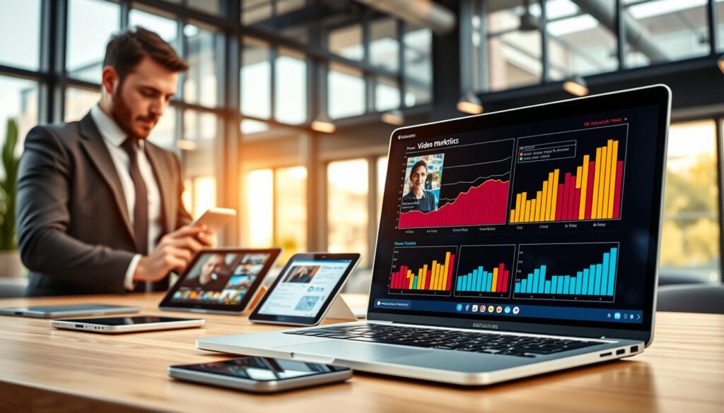A modern digital workspace illustrating video marketing metrics and analytics. In the foreground, a sleek laptop displays colorful charts and graphs highlighting video performance statistics. To the left, a professional business person in smart attire analyzes the data with a focused expression. In the middle ground, there are various tech devices like tablets and smartphones, showcasing different video thumbnails and social media platforms. The background features a contemporary office setting with large windows allowing natural light to flood the space, creating a bright and inspiring atmosphere. Soft, warm lighting accentuates the professional ambiance, and the image is captured from a slightly elevated angle to provide depth and context. Overall, the scene conveys a sense of innovation and effectiveness in video marketing.
