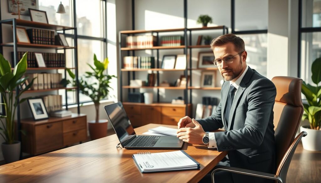 A modern legal office interior showcasing a dynamic, professional atmosphere, designed for a self-employed lawyer. In the foreground, a focused lawyer, dressed in smart business attire, sits at a stylish wooden desk filled with legal documents, a laptop, and a neatly organized planner. The middle space features a well-stocked bookshelf filled with law books and framed degrees, emphasizing expertise. In the background, large windows allow natural light to flood the room, highlighting modern decor with neutral tones and green plants for a touch of freshness. Soft shadows and warm lighting create a welcoming yet professional mood, encapsulating the essence of running a successful law practice. The image should inspire ambition and professionalism.