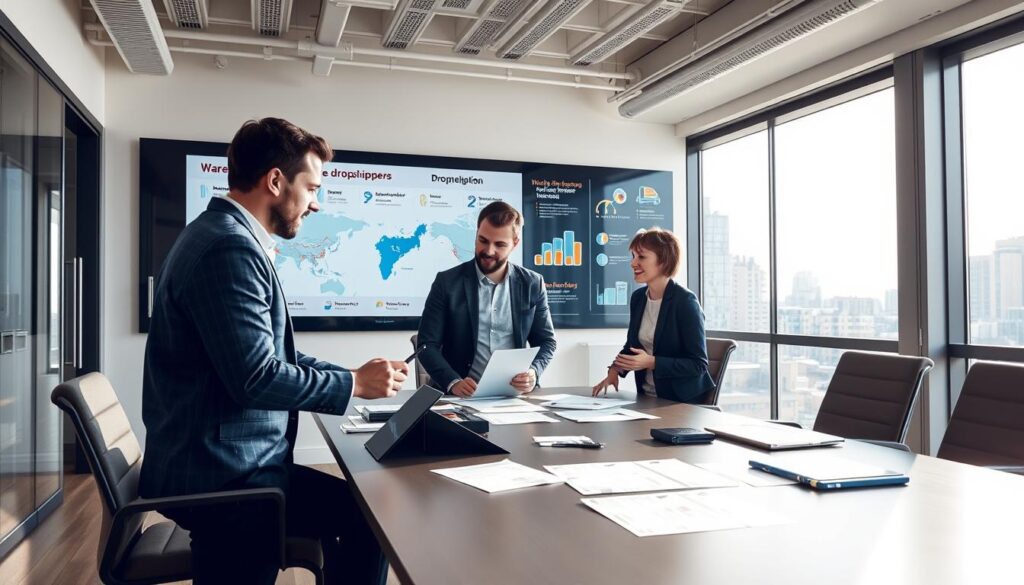 A modern office interior showcasing collaboration for dropshipping warehouses in Poland. In the foreground, a diverse group of three professionals—two men and one woman—are engaged in a discussion around a sleek conference table, surrounded by digital devices and documents illustrating logistics and supply chain data. The middle ground features a large wall display with graphics of dropshipping trends and warehouse locations. In the background, large windows let in natural light, providing a view of the cityscape. The atmosphere is professional yet vibrant, emphasizing teamwork and innovation. The lighting is bright and inviting, captured with a wide-angle lens to reflect a spacious environment. The overall mood is one of productivity and growth, highlighting the collaborative nature of dropshipping partnerships.