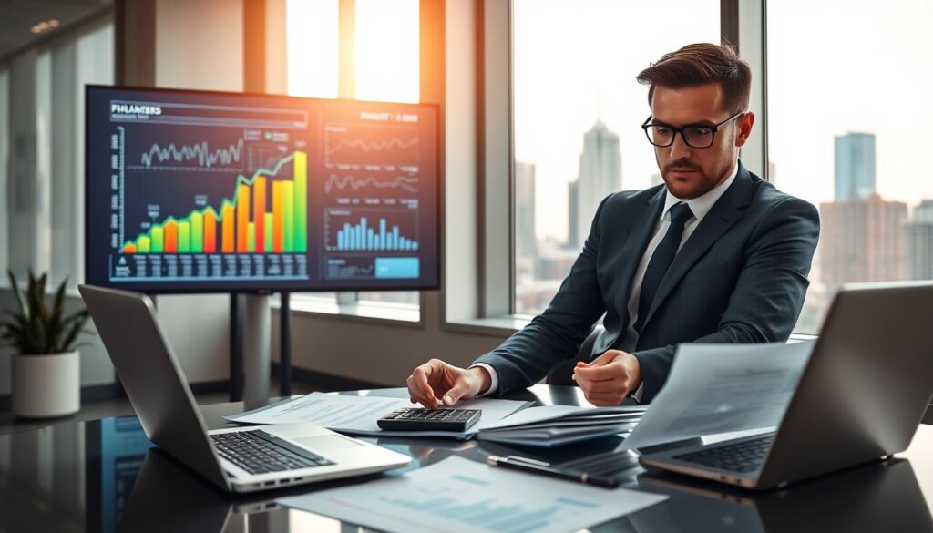 A modern office setting showcasing business financing and budget management. In the foreground, a confident business professional in smart attire, analyzing financial documents on a sleek desk with a laptop, graphs, and a calculator. In the middle, a large screen displays colorful financial charts and statistics, symbolizing growth and planning. The background features a modern city skyline through a large window, representing opportunity and ambition. Soft, natural light filters through the window, casting a warm glow over the scene, creating a focused yet inspiring atmosphere. The composition emphasizes clarity and order, highlighting the importance of finance in business planning.
