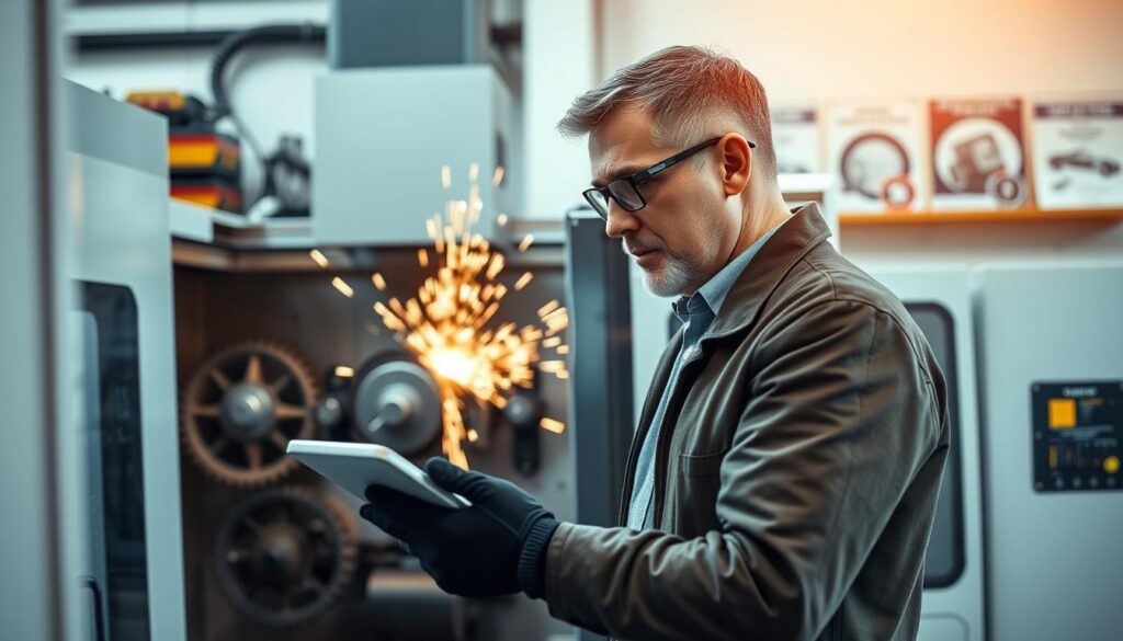 A professional CNC operator in a modern workshop, focused intently on programming a CNC machine. The foreground features the operator, a middle-aged man dressed in a smart, casual outfit, with safety glasses and gloves, operating a computer tablet connected to the machine. In the middle, a state-of-the-art CNC machine is visible, displaying intricate gears and tools, with sparks flying from the cutting process, creating an atmosphere of precision and technology. The background includes shelves filled with tools and educational posters about CNC operation, hinting at a training environment. Warm, soft lighting highlights the operator's concentration, creating a serious yet inspiring mood focused on education and skill development in the CNC industry.