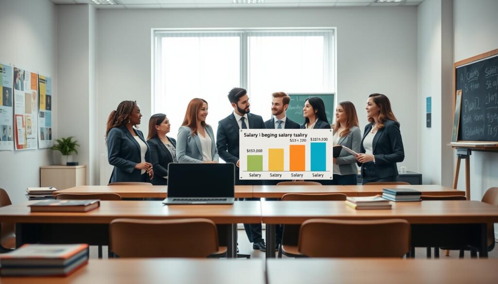 A professional and visually informative image depicting the salary ranges of beginner teachers based on their level of education, set in a modern, bright classroom environment. In the foreground, neatly arranged tables with educational materials, such as books and a laptop displaying salary graphics. In the middle, a diverse group of teachers in professional business attire, engaged in discussion around a chart illustrating salary differences tied to education levels. The background features educational posters on the walls, large windows letting in soft, natural light, and a chalkboard with scribbled teaching notes. The atmosphere is collaborative and motivated, suggesting professionalism and growth in the teaching profession. The focus is on the dynamic between education and salary, without any text elements or distractions. A professional and visually informative image depicting the salary ranges of beginner teachers based on their level of education, set in a modern, bright classroom environment. In the foreground, neatly arranged tables with educational materials, such as books and a laptop displaying salary graphics. In the middle, a diverse group of teachers in professional business attire, engaged in discussion around a chart illustrating salary differences tied to education levels. The background features educational posters on the walls, large windows letting in soft, natural light, and a chalkboard with scribbled teaching notes. The atmosphere is collaborative and motivated, suggesting professionalism and growth in the teaching profession. The focus is on the dynamic between education and salary, without any text elements or distractions.
