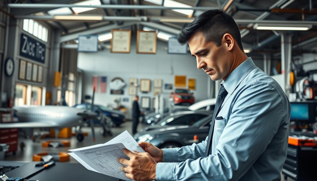 A professional automotive and aviation mechanic, dressed in smart business attire, works diligently in a modern workshop filled with advanced machinery and tools. In the foreground, the mechanic, a middle-aged person with short black hair, examines a detailed blueprint on a workbench, displaying deep concentration. In the middle ground, various certifications and diplomas are displayed on the walls, highlighting qualifications that enhance earning potential. The background features a high-tech garage with aircraft components, cars, and sophisticated diagnostic equipment, symbolizing a dynamic work environment. Soft, natural lighting filters through large windows, creating an inspiring atmosphere that emphasizes skill development and career advancement in the mechanical field. The angle is slightly overhead, showcasing both the mechanic's focused expression and the organized workspace. A professional automotive and aviation mechanic, dressed in smart business attire, works diligently in a modern workshop filled with advanced machinery and tools. In the foreground, the mechanic, a middle-aged person with short black hair, examines a detailed blueprint on a workbench, displaying deep concentration. In the middle ground, various certifications and diplomas are displayed on the walls, highlighting qualifications that enhance earning potential. The background features a high-tech garage with aircraft components, cars, and sophisticated diagnostic equipment, symbolizing a dynamic work environment. Soft, natural lighting filters through large windows, creating an inspiring atmosphere that emphasizes skill development and career advancement in the mechanical field. The angle is slightly overhead, showcasing both the mechanic's focused expression and the organized workspace.