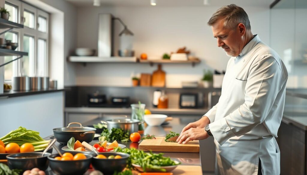 A professional chef in a modern Polish kitchen, showcasing the art of culinary preparation. In the foreground, the chef, a middle-aged man in a crisp white chef's coat and black pants, skillfully chopping fresh vegetables on a wooden cutting board, exuding concentration and passion for cooking. In the middle, a well-organized workspace with pots, pans, and ingredients neatly arranged on stainless steel counters, reflecting professionalism and efficiency. The background features a bright, airy kitchen with large windows letting in natural light, enhancing the vibrant colors of the ingredients. The mood is focused and creative, emphasizing the dedication and hard work involved in a chef's job in Poland, while subtly hinting at the culinary earnings in the gastronomic industry. A professional chef in a modern Polish kitchen, showcasing the art of culinary preparation. In the foreground, the chef, a middle-aged man in a crisp white chef's coat and black pants, skillfully chopping fresh vegetables on a wooden cutting board, exuding concentration and passion for cooking. In the middle, a well-organized workspace with pots, pans, and ingredients neatly arranged on stainless steel counters, reflecting professionalism and efficiency. The background features a bright, airy kitchen with large windows letting in natural light, enhancing the vibrant colors of the ingredients. The mood is focused and creative, emphasizing the dedication and hard work involved in a chef's job in Poland, while subtly hinting at the culinary earnings in the gastronomic industry.