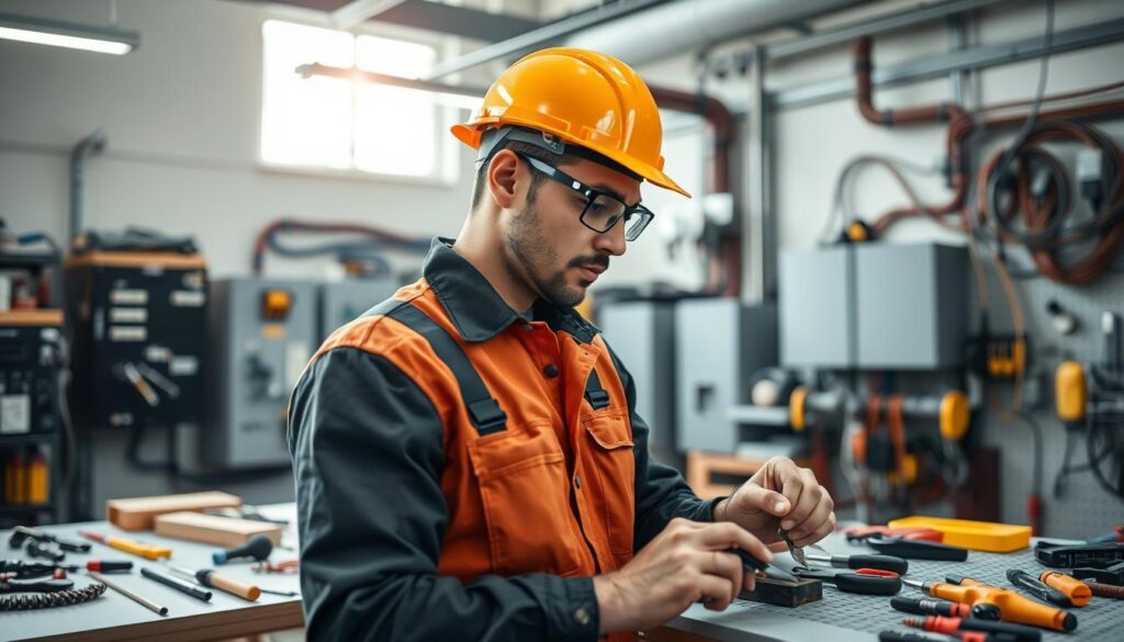 A professional electrician working in a modern workspace, showcasing an organized environment filled with tools, electrical panels, and safety equipment. In the foreground, the electrician, a man in his 30s, is focused on his task, wearing a hard hat and safety glasses, dressed in a professional jumpsuit. In the middle ground, there are various tools like screwdrivers, pliers, and wire cutters neatly arranged. The background features a well-lit workshop with bright LED lights illuminating the area, emphasizing a sense of professionalism and safety. The mood is industrious yet calm, with natural light filtering in through a window, creating a productive atmosphere that highlights the value of the electrician's work. The composition captures a moment of concentration and expertise.