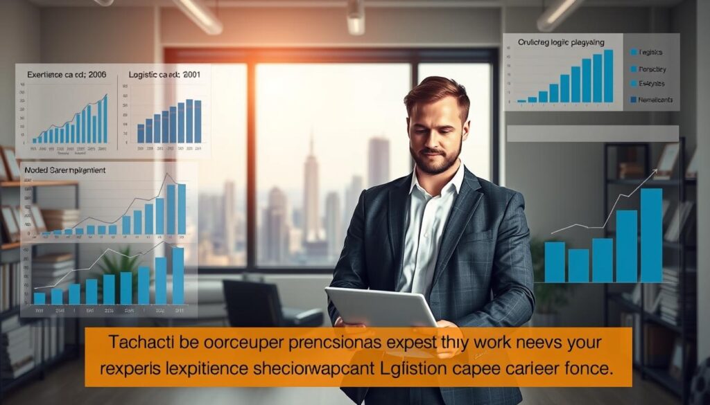 A professional logistics specialist standing confidently in a modern office environment, surrounded by charts and diagrams depicting salary trends and career growth. The foreground features the specialist, dressed in smart business attire, reviewing documents and analyzing data on a laptop. In the middle, a large window showcases a bustling city skyline, symbolizing growth and opportunity. The background includes shelves with logistics books and industry awards, indicating expertise and professionalism. Soft, natural lighting creates a focused atmosphere, while a slight depth of field draws attention to the subject. The mood is optimistic and ambitious, reflecting the impact of experience on a logistics career. A professional logistics specialist standing confidently in a modern office environment, surrounded by charts and diagrams depicting salary trends and career growth. The foreground features the specialist, dressed in smart business attire, reviewing documents and analyzing data on a laptop. In the middle, a large window showcases a bustling city skyline, symbolizing growth and opportunity. The background includes shelves with logistics books and industry awards, indicating expertise and professionalism. Soft, natural lighting creates a focused atmosphere, while a slight depth of field draws attention to the subject. The mood is optimistic and ambitious, reflecting the impact of experience on a logistics career.