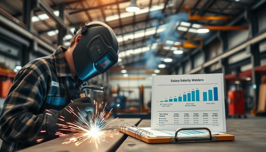 A professional welder in a bright, industrial setting, focused on welding a metal structure with a MIG welding torch. The foreground features the welder equipped in a protective helmet and welding gear, showcasing sparks flying from the welding process. In the middle, steel beams and equipment hint at an active workshop atmosphere, while charts and graphs featuring salary statistics for welders are subtly visible on a clipboard on a workbench. The background captures the expansive workshop filled with tools and machinery, illuminated by bright overhead lights providing a warm, industrious glow. The scene radiates a sense of skill and dedication, emphasizing the importance of the welding profession in the current job market. The perspective is dynamic, capturing the action and showcasing the welding process from a slightly angled view. A professional welder in a bright, industrial setting, focused on welding a metal structure with a MIG welding torch. The foreground features the welder equipped in a protective helmet and welding gear, showcasing sparks flying from the welding process. In the middle, steel beams and equipment hint at an active workshop atmosphere, while charts and graphs featuring salary statistics for welders are subtly visible on a clipboard on a workbench. The background captures the expansive workshop filled with tools and machinery, illuminated by bright overhead lights providing a warm, industrious glow. The scene radiates a sense of skill and dedication, emphasizing the importance of the welding profession in the current job market. The perspective is dynamic, capturing the action and showcasing the welding process from a slightly angled view.