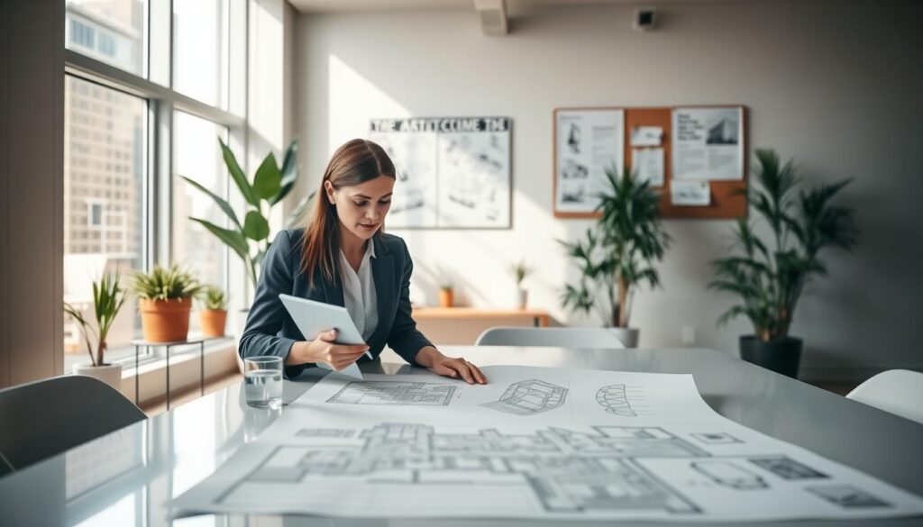 A public sector architect is reviewing blueprints at a bright, modern government office. In the foreground, a focused professional in smart business attire, a woman with a notepad and pen, studies a large architectural plan spread out on a sleek conference table. In the middle, a large window allows natural light to flood the room, illuminating several potted plants and sleek furniture. To the back, a wall features creative architecture posters and a pinboard with project notes. The atmosphere is collaborative and motivational, highlighting teamwork and civic responsibility. The camera angle is slightly tilted downward, showcasing both the architect and her workspace, emphasizing professionalism and creativity. Soft, natural lighting creates a warm and inviting mood. A public sector architect is reviewing blueprints at a bright, modern government office. In the foreground, a focused professional in smart business attire, a woman with a notepad and pen, studies a large architectural plan spread out on a sleek conference table. In the middle, a large window allows natural light to flood the room, illuminating several potted plants and sleek furniture. To the back, a wall features creative architecture posters and a pinboard with project notes. The atmosphere is collaborative and motivational, highlighting teamwork and civic responsibility. The camera angle is slightly tilted downward, showcasing both the architect and her workspace, emphasizing professionalism and creativity. Soft, natural lighting creates a warm and inviting mood.