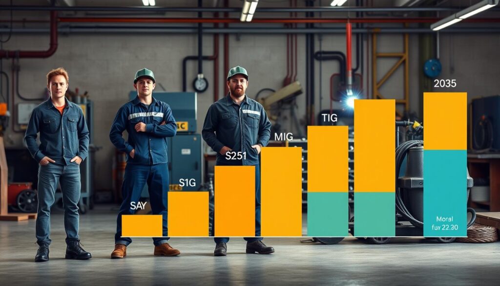 A realistic and informative infographic depicting the salary of welders in Poland based on their experience. In the foreground, illustrate three welders of varying experience levels: a junior welder in modest casual clothing, a mid-level welder in a work uniform, and a senior welder wearing advanced protective gear. Each welder stands next to a simple bar graph that visually represents their earnings, with vibrant colors to differentiate the experience levels. In the middle ground, showcase equipment commonly used in MIG, TIG, and MAG welding, adding context. In the background, include a welder's workshop setting with machines and safety equipment, illuminated by soft, natural lighting to create a professional atmosphere, suggesting a focus on craftsmanship and skill development. A realistic and informative infographic depicting the salary of welders in Poland based on their experience. In the foreground, illustrate three welders of varying experience levels: a junior welder in modest casual clothing, a mid-level welder in a work uniform, and a senior welder wearing advanced protective gear. Each welder stands next to a simple bar graph that visually represents their earnings, with vibrant colors to differentiate the experience levels. In the middle ground, showcase equipment commonly used in MIG, TIG, and MAG welding, adding context. In the background, include a welder's workshop setting with machines and safety equipment, illuminated by soft, natural lighting to create a professional atmosphere, suggesting a focus on craftsmanship and skill development.