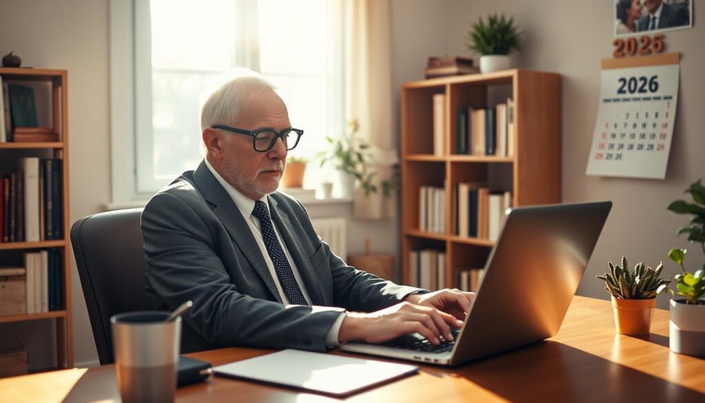A senior man in professional business attire, sitting at a desk, engaged in work on a laptop. Surround him with a cozy office environment featuring a bookshelf filled with books and a small potted plant. Sunlight streams in through a window, casting warm, inviting light across the scene, creating a serene and productive atmosphere. In the background, a calendar on the wall highlights the year 2026, subtly tying the image to the theme of retirement work. Capture the scene from a slightly elevated angle, emphasizing the man’s focused expression as he types, illustrating the concept of working while enjoying retirement. The overall mood should be positive and inspiring, showcasing the harmony between employment and later life.