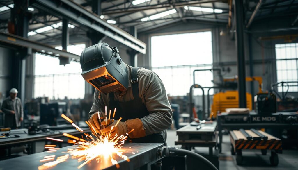 A skilled MIG welder focused on their work in a well-lit industrial workshop. In the foreground, the welder, wearing a protective helmet and gloves, is positioned in front of a metal workpiece, using a MIG welding machine. Sparks fly from the weld as the welder expertly maneuvers the welder's torch, creating a bright orange glow. In the middle ground, various tools and metal pieces are organized neatly, showcasing the environment of a professional working space. The background features industrial elements, such as steel beams and machinery, bathed in natural light streaming through large windows, enhancing the atmosphere of expertise and craftsmanship. The overall scene conveys a sense of industriousness and focus, highlighting the welding process and the skill involved. A skilled MIG welder focused on their work in a well-lit industrial workshop. In the foreground, the welder, wearing a protective helmet and gloves, is positioned in front of a metal workpiece, using a MIG welding machine. Sparks fly from the weld as the welder expertly maneuvers the welder's torch, creating a bright orange glow. In the middle ground, various tools and metal pieces are organized neatly, showcasing the environment of a professional working space. The background features industrial elements, such as steel beams and machinery, bathed in natural light streaming through large windows, enhancing the atmosphere of expertise and craftsmanship. The overall scene conveys a sense of industriousness and focus, highlighting the welding process and the skill involved.