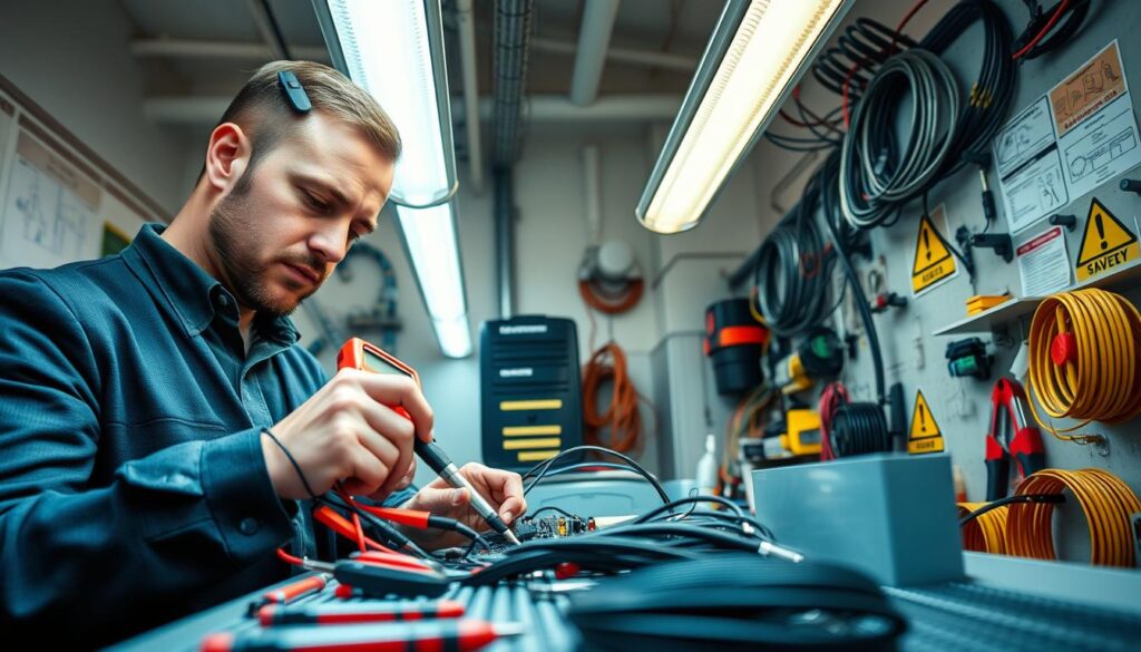 A skilled electrician working diligently on a circuit board in a bright, well-equipped workshop. In the foreground, the electrician, dressed in professional business attire, is focused on wiring while using a multimeter to measure electrical currents. His face conveys concentration and expertise. In the middle, various tools like pliers, screwdrivers, and cable reels are neatly organized, showcasing precision and professionalism. The background features fluorescent lighting illuminating the workspace, and a wall with electrical schematics and safety posters. The atmosphere is one of productivity and technical proficiency, embodying the average working environment of electricians in Poland. The angle should be slightly tilted downwards, capturing the action and tools in a dynamic composition, evoking a sense of skill and dedication.