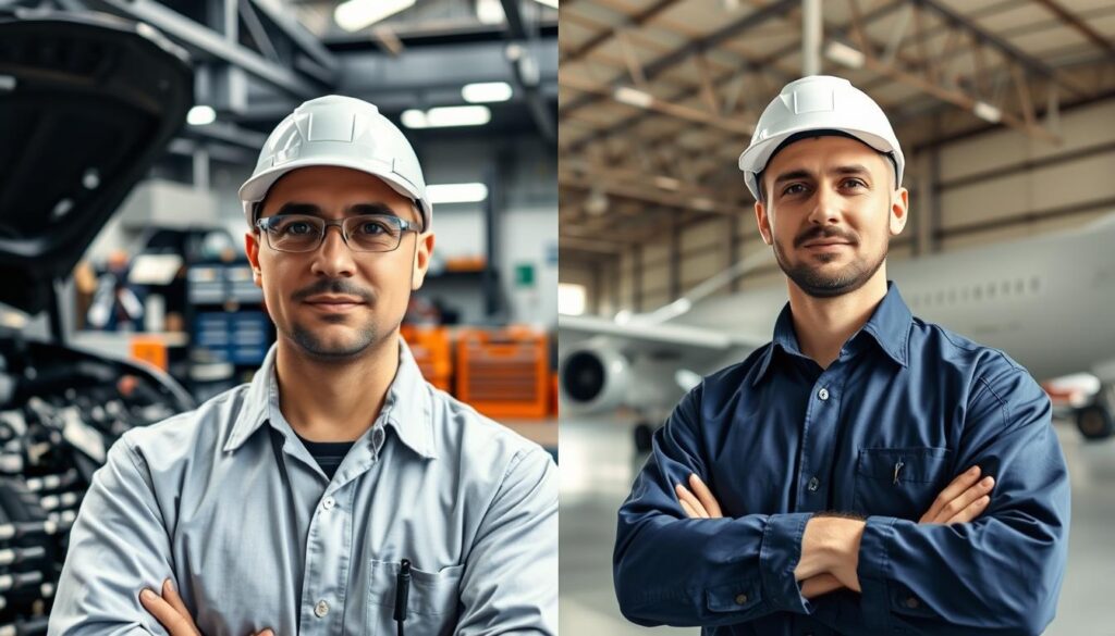 A split image comparing the earnings of an automotive technician and an aircraft mechanic. On the left side, depict a professional automotive technician in a workshop, wearing a clean uniform, surrounded by car parts and tools, with a focus on modern automotive technology. On the right side, show an aircraft mechanic in an aircraft hangar, also in a clean uniform, with large airplane components in the background. Use bright, natural lighting to highlight the contrasts between the two professions. The atmosphere should be professional and informative, with a balanced composition that emphasizes the differences in work environments. Capture the image at an eye-level angle to create a direct connection with the viewer. A split image comparing the earnings of an automotive technician and an aircraft mechanic. On the left side, depict a professional automotive technician in a workshop, wearing a clean uniform, surrounded by car parts and tools, with a focus on modern automotive technology. On the right side, show an aircraft mechanic in an aircraft hangar, also in a clean uniform, with large airplane components in the background. Use bright, natural lighting to highlight the contrasts between the two professions. The atmosphere should be professional and informative, with a balanced composition that emphasizes the differences in work environments. Capture the image at an eye-level angle to create a direct connection with the viewer.