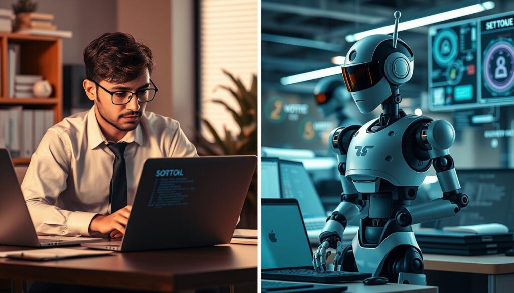 A split scene illustrating "manual testing vs automation" in software testing. On the left, a focused software tester in professional attire is sitting at a desk, reviewing lines of code on a laptop, surrounded by sticky notes and bug reports, with warm lighting creating an intimate atmosphere. On the right, an automated testing system is depicted with sleek, modern robots running tests on various devices, exuding a sense of efficiency and futuristic technology, with cooler, brighter lighting. The background should feature a subtle blend of office elements, like computers and software diagrams, to emphasize the tech environment. The mood contrasts the meticulous manual approach with the fast-paced world of automation, highlighting the choice between the two approaches.