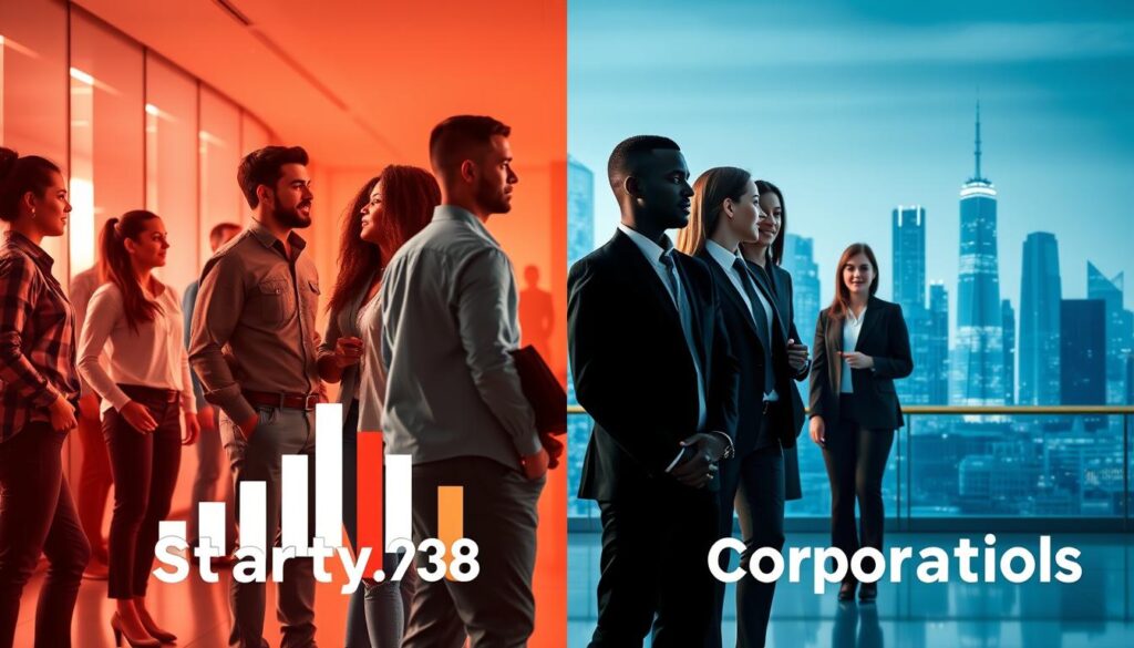 A split scene illustrating the comparison of salaries in IT startups versus corporations. In the foreground, depict two groups of diverse professionals: one group in modern, casual attire representing a vibrant startup environment, showcasing creativity and collaboration, while the other group in formal business attire representing a corporate office setting, conveying structure and professionalism. In the middle ground, incorporate visual elements like bar graphs or pie charts subtly integrated into the settings showing salary statistics, with a futuristic city skyline in the background, blending elements of technology and innovation. Aim for bright, energetic lighting on the startup side, and structured, cool tones on the corporate side, creating a sharp contrast. The atmosphere should evoke a sense of ambition and competition in the technology industry.