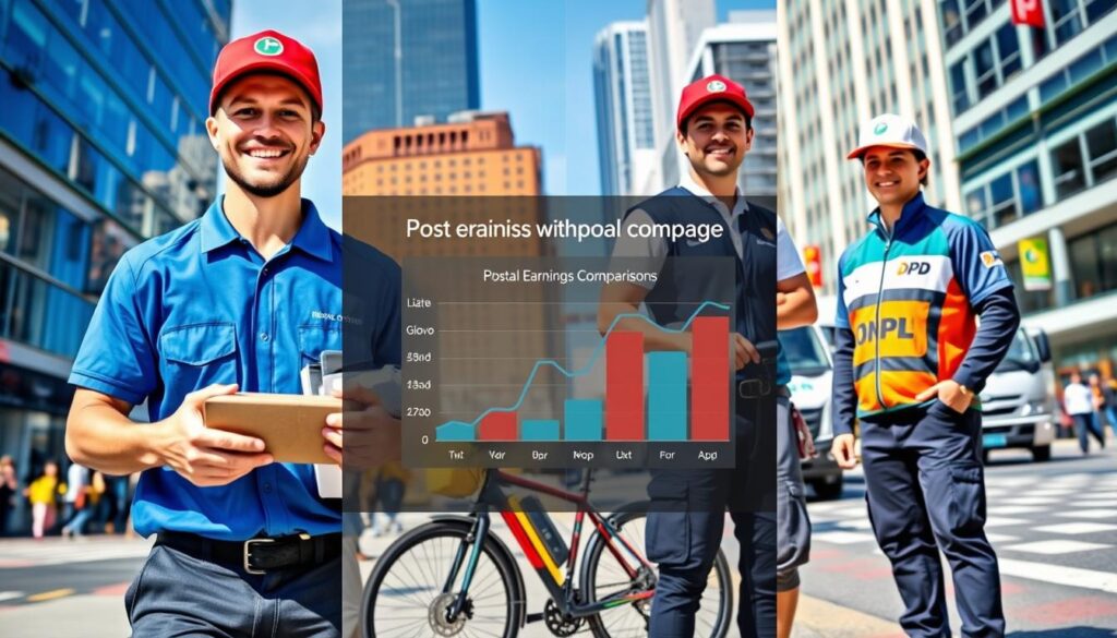 A split-screen image comparing an InPost courier with competitors like Glovo and DPD. In the foreground, an InPost courier is delivering a package, dressed in a professional uniform with the company logo prominently displayed. Beside them, a Glovo courier is on a bicycle wearing a distinctive colorful outfit, while a DPD courier stands next to a delivery van in branding attire. In the middle ground, a postal tracking chart shows earnings comparison in a visually engaging style. In the background, a busy urban scene with a bustling city street, clear blue skies, and modern buildings to convey a sense of activity. The lighting should be bright and natural, evoking a vibrant, professional atmosphere. Aerial perspective that focuses on the interaction between the couriers enhances the comparison theme.