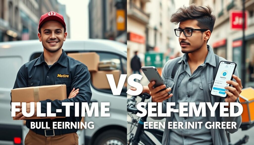 A split-screen image comparing the earnings of a full-time courier versus a self-employed courier. On the left, a professional-looking full-time courier in a uniform with a company logo standing next to a delivery van, surrounded by packages, looking confident and engaged. On the right, a self-employed courier dressed in casual attire, in front of a bicycle and a smartphone displaying delivery apps, looking thoughtful while calculating earnings on a notepad. The background features urban settings like busy streets and delivery points, with soft, natural lighting to create a balanced atmosphere. The mood is reflective, showcasing both career paths' nuances in a compelling visual narrative.