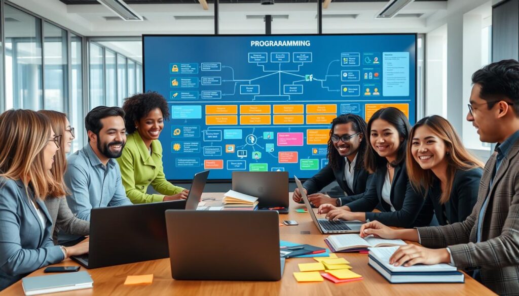 A vibrant and engaging scene depicting a beginner's introduction to programming. In the foreground, a diverse group of individuals of different ethnicities, wearing professional business attire, are gathered around a large table filled with laptops, coding books, and colorful sticky notes. They are animatedly discussing programming concepts, their expressions focused and inquisitive. In the middle ground, a digital screen displays a flowchart of programming languages, with icons and visual aids illustrating their applications. The background features a modern office environment with large windows allowing natural light to flood the room, creating an inspiring and collaborative atmosphere. The mood is motivational and educational, highlighting the excitement of embarking on a programming journey. Use a wide-angle perspective to capture the entire scene, emphasizing teamwork and creativity.