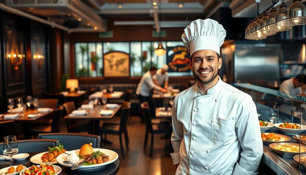 A vibrant and informative scene depicting the earnings in restaurants of various categories in Poland, with a focus on culinary professionals. In the foreground, a cheerful chef in a classic white uniform and hat, standing proudly next to a counter that displays a variety of dishes from different restaurant types—fine dining, casual bistros, and fast food. The middle ground features contrasting dining settings: elegantly set tables with intricate dishes and a cozy café atmosphere with simple fare. In the background, a bustling kitchen with chefs at work. Soft, warm lighting enhances the atmosphere, evoking a sense of professionalism and passion for gastronomy. The angle is slightly elevated, showcasing the busy yet harmonious environment of the restaurant industry. A vibrant and informative scene depicting the earnings in restaurants of various categories in Poland, with a focus on culinary professionals. In the foreground, a cheerful chef in a classic white uniform and hat, standing proudly next to a counter that displays a variety of dishes from different restaurant types—fine dining, casual bistros, and fast food. The middle ground features contrasting dining settings: elegantly set tables with intricate dishes and a cozy café atmosphere with simple fare. In the background, a bustling kitchen with chefs at work. Soft, warm lighting enhances the atmosphere, evoking a sense of professionalism and passion for gastronomy. The angle is slightly elevated, showcasing the busy yet harmonious environment of the restaurant industry.