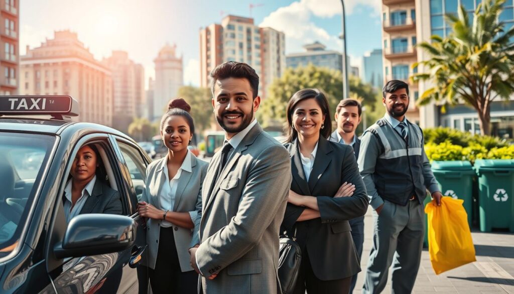 A vibrant cityscape showcasing urban service employment. In the foreground, a diverse group of professionals in modest business attire, including a taxi driver in a cab and a waste collector in a uniform, engage in their work. Their expressions reflect determination and pride. In the middle ground, the bustling city street features clean sidewalks, a modern taxi stand, and recycling bins, illustrating the infrastructure of urban services. The background includes city buildings and greenery, under a bright blue sky with soft, warm sunlight illuminating the scene. The mood is positive and industrious, capturing the essence of urban employment and community service. The image is composed with a wide-angle perspective to create depth and clarity.