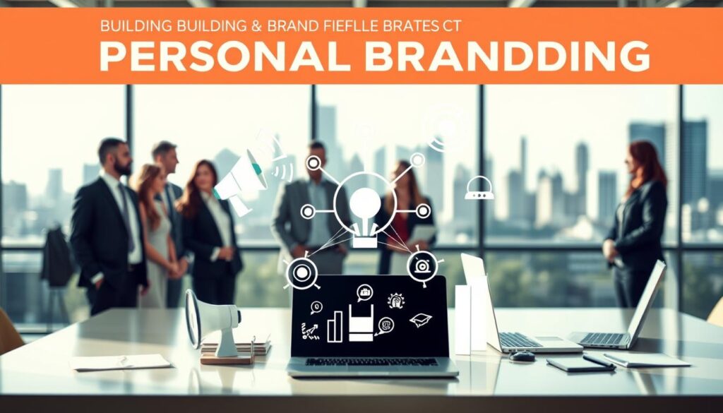 A vibrant, visually striking representation of key elements of personal branding. In the foreground, there's a diverse group of professional individuals dressed in business attire, engaged in a brainstorming session, showcasing collaboration and creativity. The middle ground features symbolic icons related to personal branding, such as a megaphone, a network diagram, and a laptop, all neatly arranged on a modern workspace. In the background, soft-focus silhouettes of buildings suggest a bustling city, symbolizing growth and opportunity. Bright, natural lighting enhances the atmosphere, creating an inspiring and motivational environment. The image has a professional yet energetic mood, capturing the essence of building a strong personal brand.